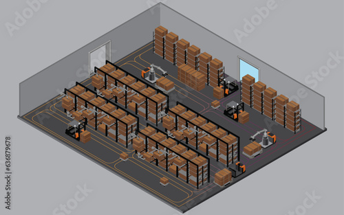Isometric view of a Warehouse,The transport vehicle uses a robotic arm.,robots to pick up the goods. using automation in product management