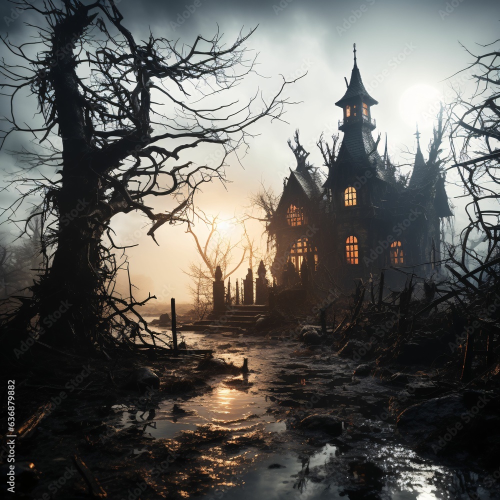 Spooky Witch House with Scary Trees and Moonlight. Horror Halloween Background