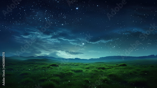 Green field under cloudy blue sky.Generative Ai