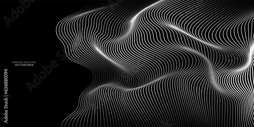 Vector wavy lines pattern smooth curve flowing dynamic white light isolated on black background for concept of technology, digital, communication, science, music.