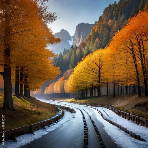 Wallpaper Mural autumn in the mountains trees on the rood very beautyful viwe