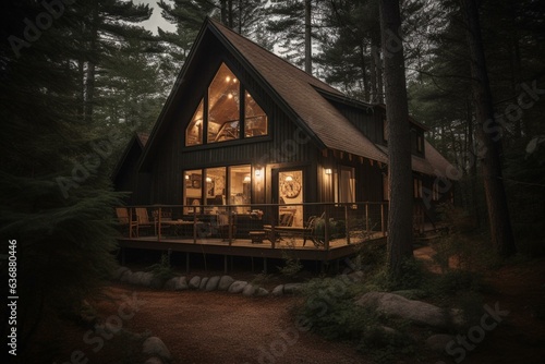 Nighttime cottage nestled within a pine-filled forest. Generative AI © Amelia