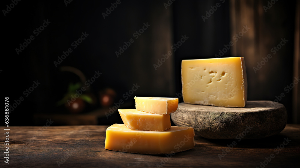 a slice of cheese on dark background.Generative Ai