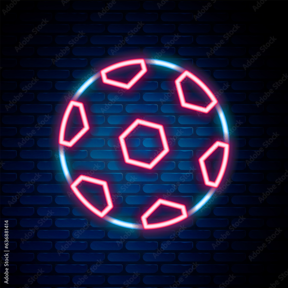Glowing neon line Football ball icon isolated on brick wall background. Soccer ball. Sport equipment. Colorful outline concept. Vector