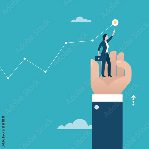 Helping Hand. Businesswoman standing on hand reaching goal. Business concept illustration.
