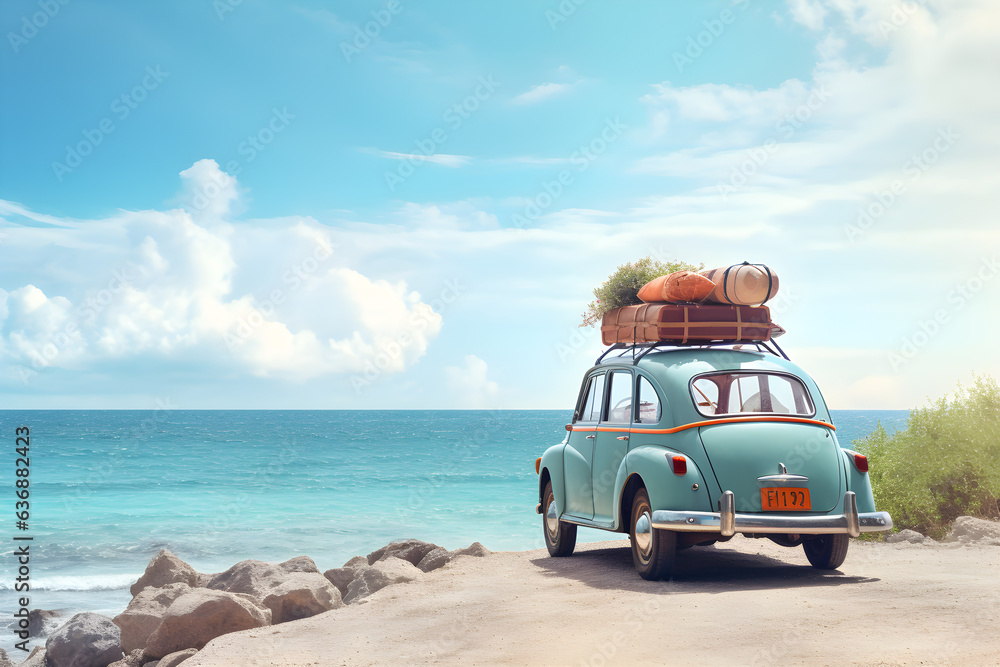 Old vintage car loaded with luggage on the roof arriving on beach with beautiful sea view. Summer travel concept background with copy space - obrazy, fototapety, plakaty 