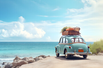 Old vintage car loaded with luggage on the roof arriving on beach with beautiful sea view. Summer travel concept background with copy space