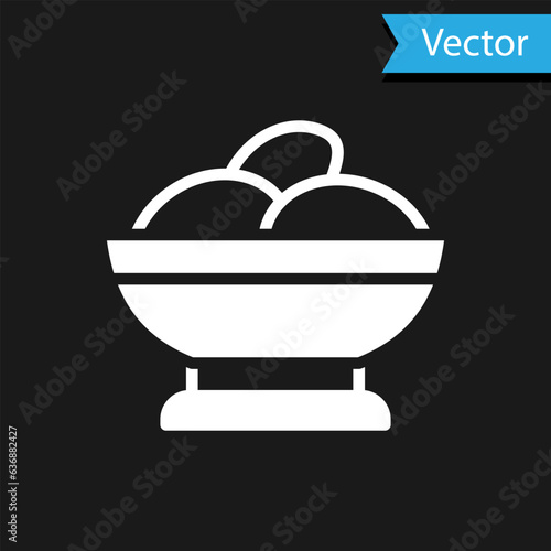 White Varenyky in a bowl icon isolated on black background. Pierogi, varenyky, dumpling, pelmeni, ravioli. Traditional Ukrainian food. Vector