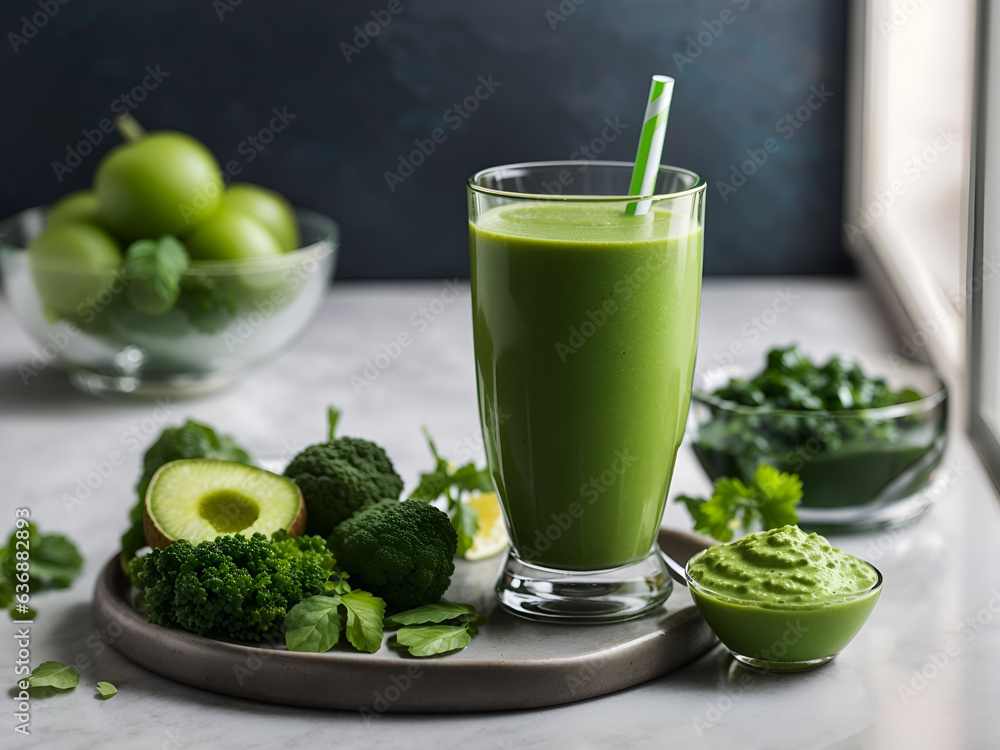 A glass of green smoothie next to a glass of green juice on a table
A glass of green smoothie next to a glass of green juice on a table