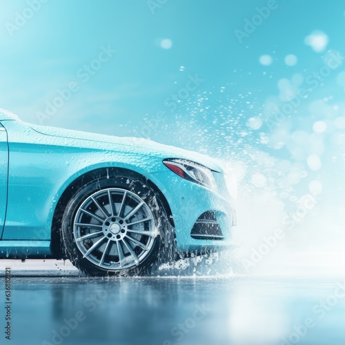 Car wash wide banner, light blue colored. New modern car. Generative AI. photo