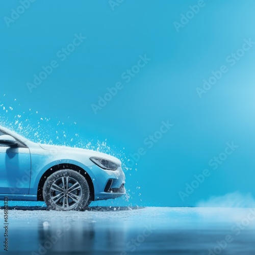 Car wash wide banner, light blue colored. New modern car. Generative AI. photo