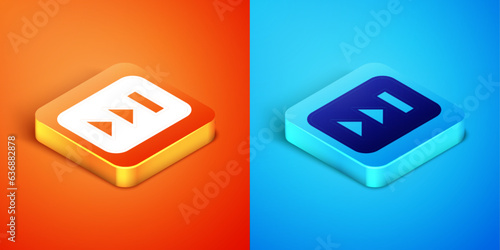 Isometric Fast forward icon isolated on orange and blue background. Vector