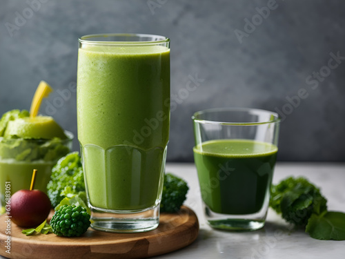 A glass of green smoothie next to a glass of green juice on a table 
