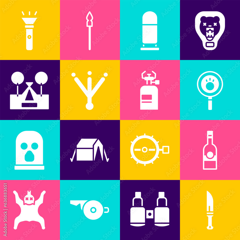 Set Hunter knife, Bottle of vodka, Paw search, Bullet, Bird footprint, Tourist tent, Flashlight and Camping gas stove icon. Vector Set Hunter knife, Bottle of vodka, Paw search, Bullet, Bird footprint, Tourist tent, Flashlight and Camping gas stove icon. Vector