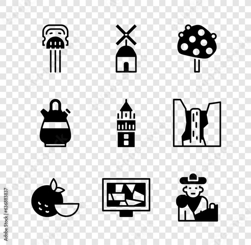 Set Peineta, Windmill, Orange tree, fruit, Picture art, Bullfight, matador, Sangria pitcher and Giralda icon. Vector