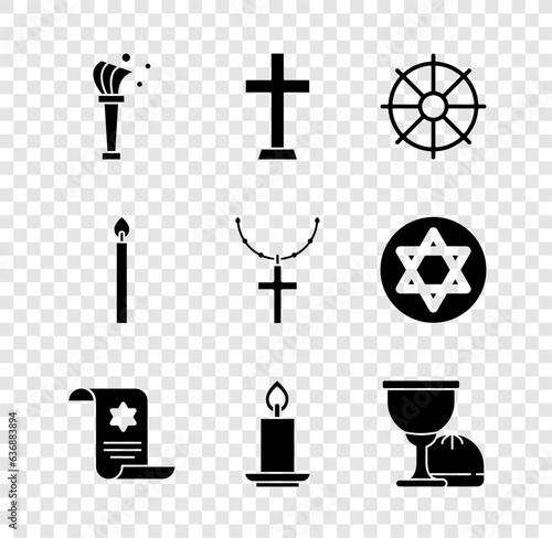 Set Aspergillum, Christian cross, Dharma wheel, Torah scroll, Burning candle, Holy grail chalice, and on chain icon. Vector