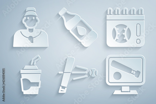 Set Baseball bat with ball, Calendar baseball game, Paper glass water, Monitor, Bottle of and coach icon. Vector