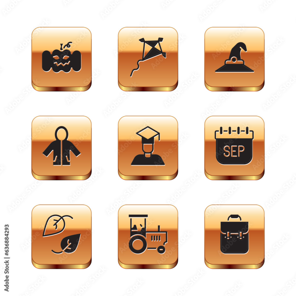 Set Pumpkin, Leaf, Tractor, Graduate and graduation cap, Raincoat, Witch hat, School backpack and Kite icon. Vector Set Pumpkin, Leaf, Tractor, Graduate and graduation cap, Raincoat, Witch hat, School backpack and Kite icon. Vector