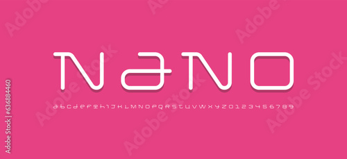 Technical wide thin future font, digital cyber alphabet, trendy original letters from A to Z and numbers from 0 to 9 for interface design, vector illustration 10EPS