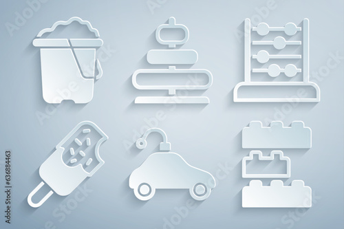 Set Radio controlled car toy, Abacus, Ice cream, Toy building block bricks, Pyramid and Sand bucket icon. Vector