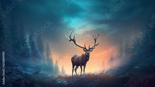 fantastic landscape lone deer fantasy style. dream fairy tale magic art. © kichigin19