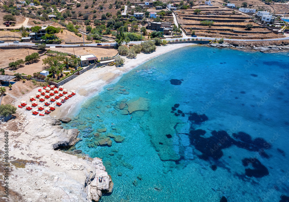 Aerial view of the small Freas Beach at Kea, Tzia island, Greece, with turquoise, clear sea