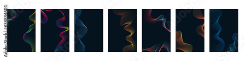 Bright linear waves on a dark background set, abstract background, vector flyer poster design.