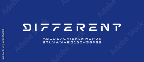 Tech font, digital alphabet, bold Latin letters A-Z and Arab numerals 0-9 made in design cyber futuristic style