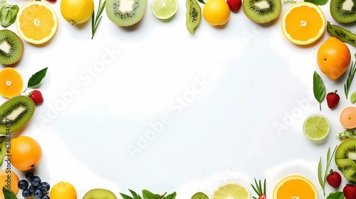 AI image generated of a picture frame made up of fruits and vegetables, minimalism, white background, vibrant color. © Hifzhan Graphics