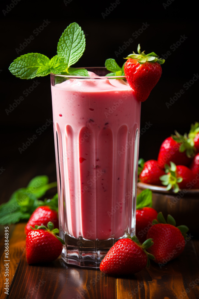 A delicious strawberry smoothie on a rustic wooden table. A smoothie in a mason jar with strawberries and blueberries A delicious strawberry smoothie on a rustic wooden table. A smoothie in a mason jar with strawberries and blueberries