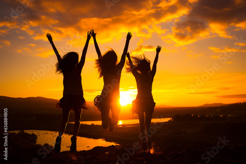 Silhouettes of people jumping in the water at sunset. Three girls jumping in the air at sunset