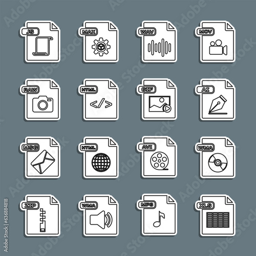 Set line XLS file document, WMA, AI, WAV, HTML, RAW, JS and GIF icon. Vector