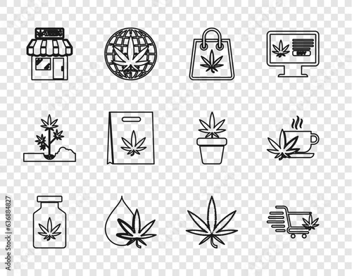 Set line Medical bottle with marijuana, Shopping cart, bag of, Marijuana or cannabis leaf oil, and store, and Cup tea icon. Vector