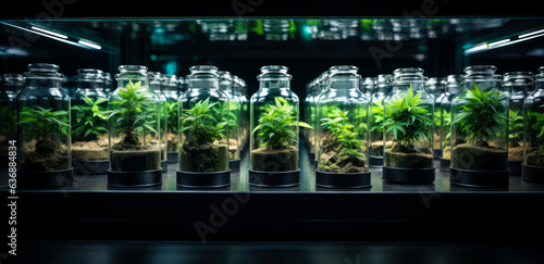 Small cannabis plants in the dark laboratory