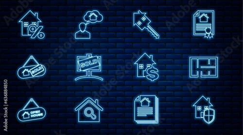 Set line House under protection, plan, with key, Hanging sign Sold, percant, dollar and Man dreaming about buying house icon. Vector