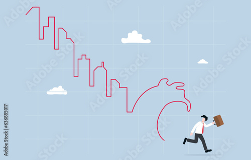 Real estate market recession, decline in home sales, housing market crash concept, Businessman running away from falling red residential graph that turn into huge wave. 