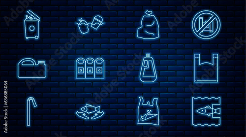 Set line Stop ocean plastic pollution, Plastic bag, Garbage, Trash in garbage cans sorted, Canister for machine oil, Bottle dishwashing liquid and Problem of the icon. Vector