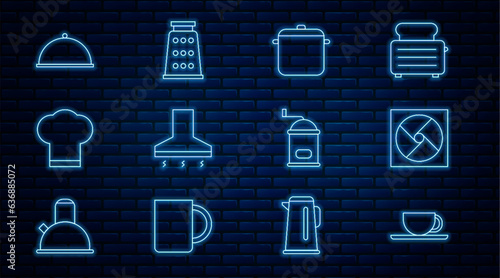 Set line Coffee cup, Ventilation, Cooking pot, Kitchen extractor fan, Chef hat, Covered with tray, Manual coffee grinder and Grater icon. Vector