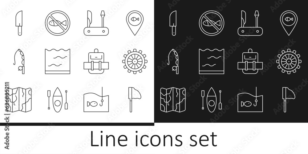 Set line Fishing net with fish, Ship steering wheel, Swiss army knife, Aquarium, rod, Knife, Hiking backpack and No fishing icon. Vector Set line Fishing net with fish, Ship steering wheel, Swiss army knife, Aquarium, rod, Knife, Hiking backpack and No fishing icon. Vector