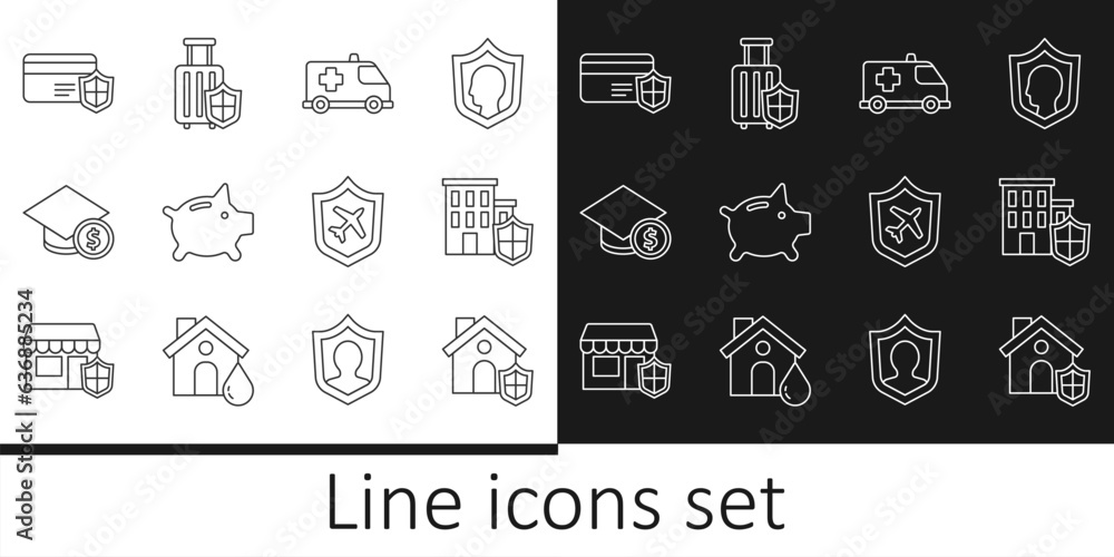 Set line House with shield, Emergency car, Piggy bank, Graduation cap and coin, Credit card, Plane and Travel suitcase icon. Vector