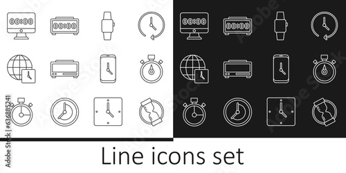 Set line Old hourglass, Stopwatch, Smartwatch, Digital alarm clock, World time, Clock on monitor, Alarm app mobile and icon. Vector