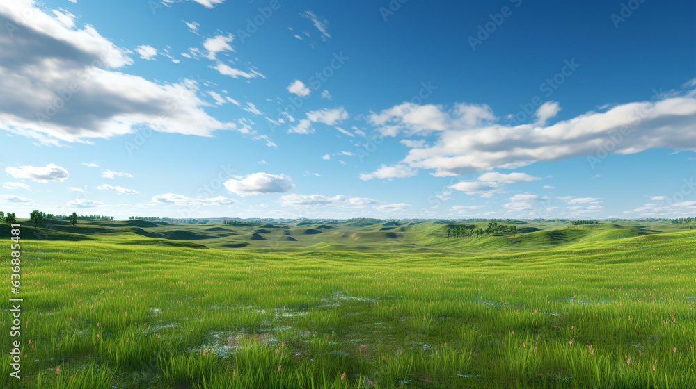 Obraz premium Lush Green Field Under a Blue Cloudy Sky. Generative Ai