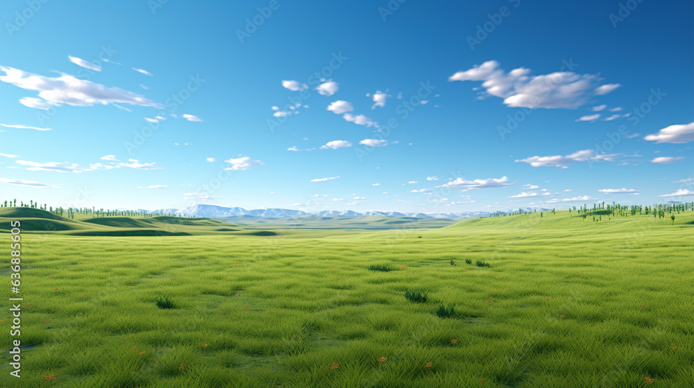 Fototapeta premium Lush Green Field Under a Blue Cloudy Sky. Generative Ai