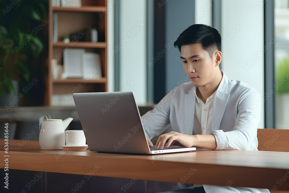 Young asian man student using laptop computer at home studying online panoramic banner. Creative professional working in office. Distance study, work from home, e-learning, business, meeting online Young asian man student using laptop computer at home studying online panoramic banner. Creative professional working in office. Distance study, work from home, e-learning, business, meeting online