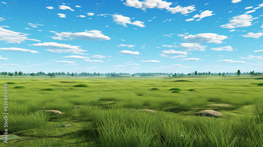 Fototapeta premium Lush Green Field Under a Blue Cloudy Sky. Generative Ai