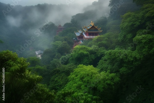 Enchanting rainforest veiled in mist, concealing a mountain temple amidst breathtaking panoramic vistas. Generative AI