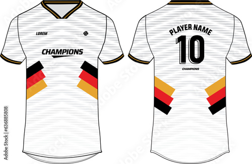 Sports t-shirt jersey design flat sketch illustration, Abstract pattern v neck Football jersey concept with front and back view for Soccer, Cricket, Volleyball, Rugby, tennis, badminton uniform kit