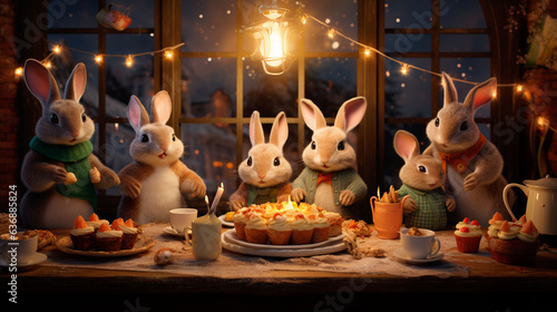 Rabbit family celebrating new year under warm light © Ukiuki-tsuguri