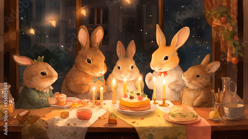 Rabbit family celebrating new year under warm light © Ukiuki-tsuguri