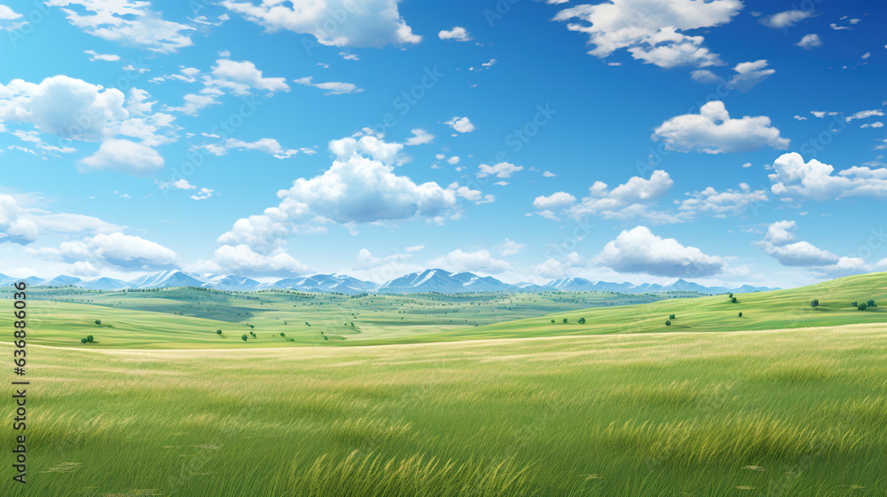Lush Green Field Under a Blue Cloudy Sky. Generative Ai Lush Green Field Under a Blue Cloudy Sky. Generative Ai